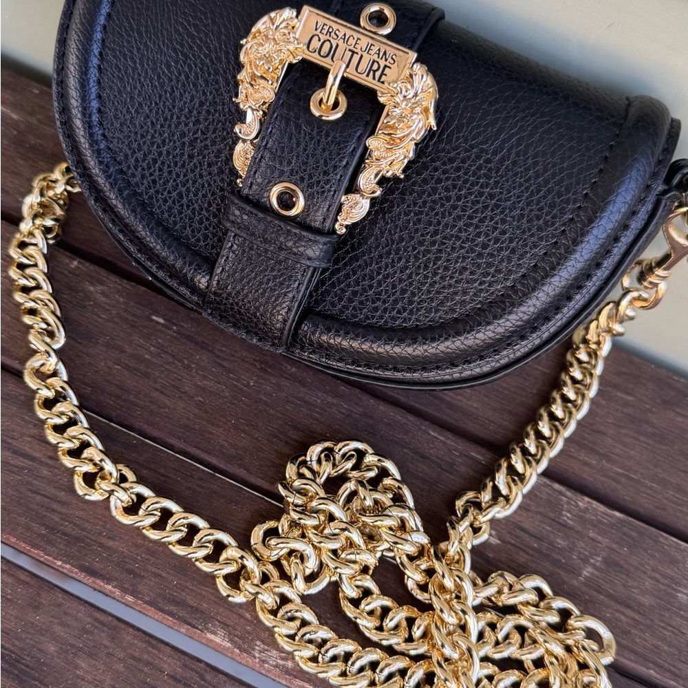Versace Jeans Collection Black and Gold Mini Crossbody Bag with Baroque Clasp